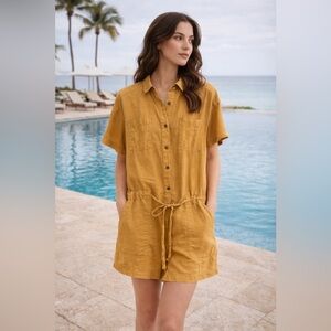 Michael Stars 100% Linen Romper Size SM Gold Yellow Casual Cinch Waist Boxy